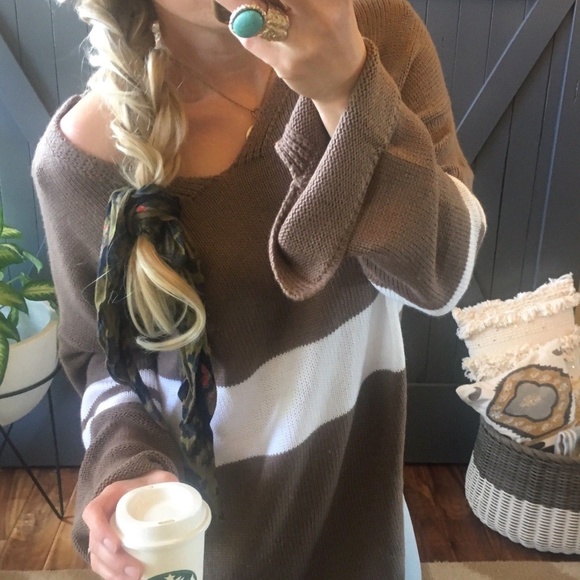 Figleaffashion Sweaters - Last One! Brown Soft Stripe V-Neck Sweater Tunic